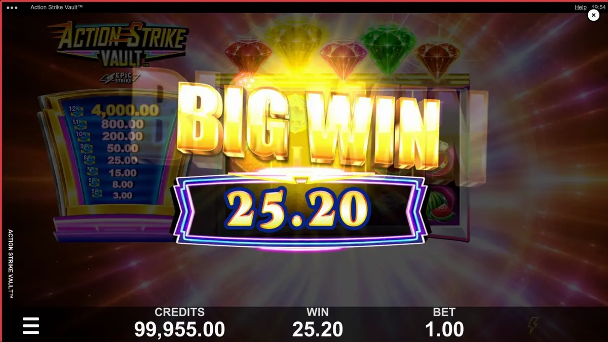 Interface do slot Action Strike Vault com elementos de neon e espaço